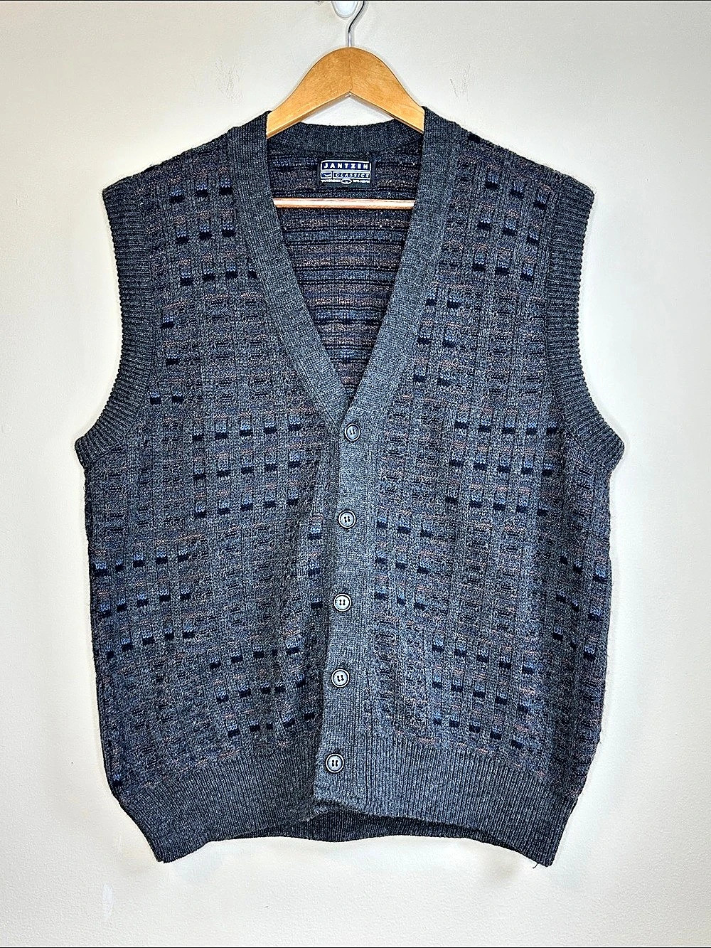 Vintage Jantzen Classics Men's Gray Blue Geometric Knit Vest Size Large